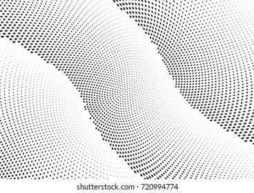 Abstract halftone wave dotted background. Monochrome futuristic grunge pattern, stars.  Vector modern optical pop art texture for posters, site, postcard, cover, labels, vintage sticker mock-up layout