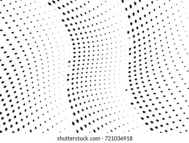 Abstract halftone wave dotted background. Monochrome futuristic grunge pattern, stars.  Vector modern optical pop art texture for posters, site, postcard, cover, labels, vintage sticker mock-up layout