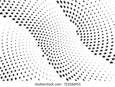 Abstract halftone wave dotted background. Monochrome futuristic grunge pattern, stars.  Vector modern optical pop art texture for posters, site, postcard, cover, labels, vintage sticker mock-up layout