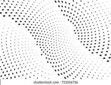 Abstract halftone wave dotted background. Monochrome futuristic grunge pattern, stars.  Vector modern optical pop art texture for posters, site, postcard, cover, labels, vintage sticker mock-up layout