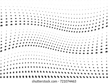 Abstract halftone wave dotted background. Monochrome futuristic grunge pattern, stars.  Vector modern optical pop art texture for posters, site, postcard, cover, labels, vintage sticker mock-up layout