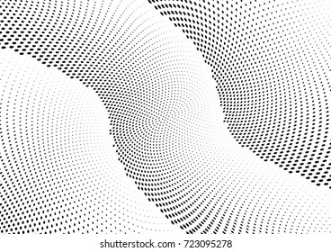Abstract halftone wave dotted background. Futuristic twisted grunge pattern, dot, circles.  Vector modern optical pop art texture for posters, business cards, cover, labels mock-up, stickers layout