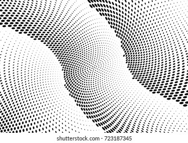 Abstract halftone wave dotted background. Futuristic twisted grunge pattern, dot, circles.  Vector modern optical pop art texture for posters, business cards, cover, labels mock-up, stickers layout