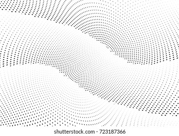 Abstract halftone wave dotted background. Futuristic twisted grunge pattern, dot, circles.  Vector modern optical pop art texture for posters, business cards, cover, labels mock-up, stickers layout