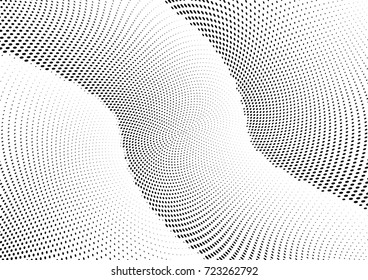 Abstract halftone wave dotted background. Futuristic twisted grunge pattern, dot, circles.  Vector modern optical pop art texture for posters, business cards, cover, labels mock-up, stickers layout