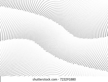Abstract halftone wave dotted background. Futuristic twisted grunge pattern, dot, circles.  Vector modern optical pop art texture for posters, business cards, cover, labels mock-up, stickers layout