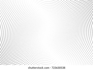 Abstract halftone wave dotted background. Futuristic twisted grunge pattern, dot, circles.  Vector modern optical pop art texture for posters, business cards, cover, labels mock-up, stickers layout