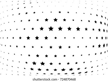 Abstract halftone wave dotted background. Futuristic twisted pattern, stars.  Vector modern optical pop art texture for posters, postcard, cover, labels, vintage sticker mock-up layout