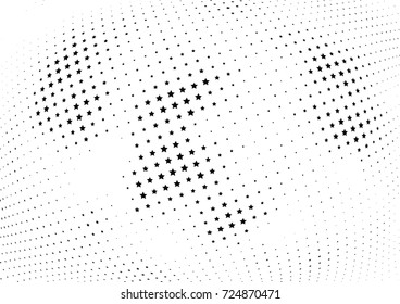 Abstract halftone wave dotted background. Futuristic twisted grunge pattern, stars.  Vector modern optical pop art texture for posters, postcard, grunge cover, labels, vintage sticker mock-up layout