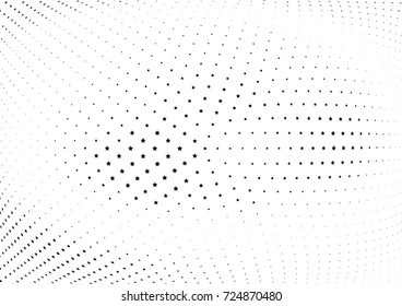 Abstract halftone wave dotted background. Futuristic twisted pattern, stars.  Vector modern optical pop art texture for posters, postcard, cover, labels, vintage sticker mock-up layout