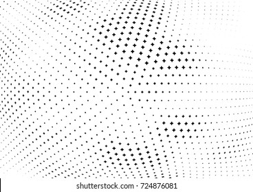 Abstract halftone wave dotted background. Futuristic twisted grunge pattern, stars.  Vector modern optical pop art texture for posters, postcard, grunge cover, labels, vintage sticker mock-up layout