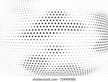 Abstract halftone wave dotted background. Futuristic twisted grunge pattern, stars.  Vector modern optical pop art texture for posters, postcard, grunge cover, labels, vintage sticker mock-up layout