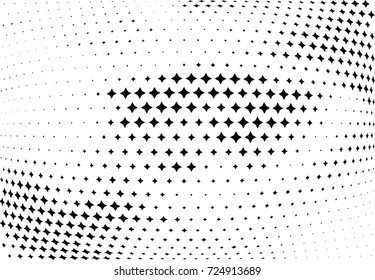 Abstract halftone wave dotted background. Futuristic twisted grunge pattern, stars.  Vector modern optical pop art texture for posters, postcard, grunge cover, labels, vintage sticker mock-up layout