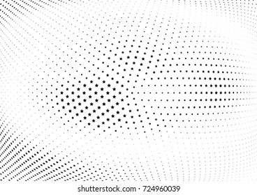 Abstract halftone wave dotted background. Futuristic twisted grunge pattern, stars.  Vector modern optical pop art texture for posters, postcard, grunge cover, labels, vintage sticker mock-up layout