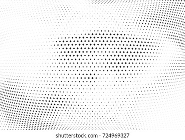 Abstract halftone wave dotted background. Futuristic twisted grunge pattern, stars.  Vector modern optical pop art texture for posters, postcard, grunge cover, labels, vintage sticker mock-up layout