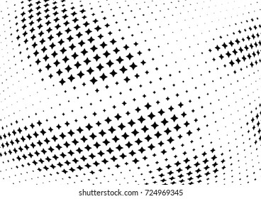 Abstract halftone wave dotted background. Futuristic twisted grunge pattern, stars.  Vector modern optical pop art texture for posters, postcard, grunge cover, labels, vintage sticker mock-up layout