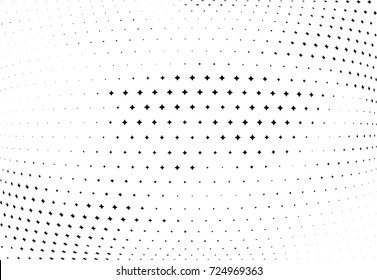 Abstract halftone wave dotted background. Futuristic twisted grunge pattern, stars.  Vector modern optical pop art texture for posters, postcard, grunge cover, labels, vintage sticker mock-up layout