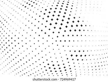 Abstract halftone wave dotted background. Futuristic twisted grunge pattern, stars.  Vector modern optical pop art texture for posters, postcard, grunge cover, labels, vintage sticker mock-up layout