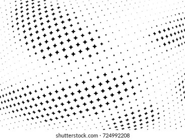 Abstract halftone wave dotted background. Futuristic twisted grunge pattern, stars.  Vector modern optical pop art texture for posters, postcard, grunge cover, labels, vintage sticker mock-up layout