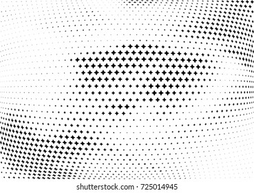 Abstract halftone wave dotted background. Futuristic twisted grunge pattern, stars.  Vector modern optical pop art texture for posters, postcard, grunge cover, labels, vintage sticker mock-up layout