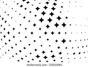 Abstract halftone wave dotted background. Futuristic twisted grunge pattern, stars.  Vector modern optical pop art texture for posters, postcard, grunge cover, labels, vintage sticker mock-up layout