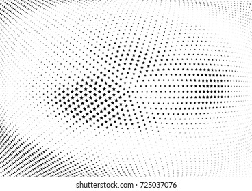 Abstract halftone wave dotted background. Futuristic twisted grunge pattern, stars.  Vector modern optical pop art texture for posters, postcard, grunge cover, labels, vintage sticker mock-up layout