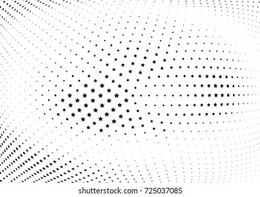 Abstract halftone wave dotted background. Futuristic twisted grunge pattern, stars.  Vector modern optical pop art texture for posters, postcard, grunge cover, labels, vintage sticker mock-up layout