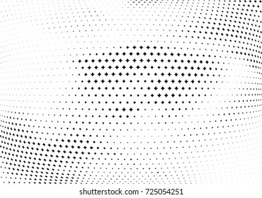 Abstract halftone wave dotted background. Futuristic twisted grunge pattern, stars.  Vector modern optical pop art texture for posters, postcard, grunge cover, labels, vintage sticker mock-up layout