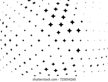 Abstract halftone wave dotted background. Futuristic twisted grunge pattern, stars.  Vector modern optical pop art texture for posters, postcard, grunge cover, labels, vintage sticker mock-up layout