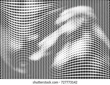 Abstract halftone wave dotted background. Futuristic twisted grunge pattern, dot, circles.  Vector modern optical pop art texture for posters, business cards, cover, labels mock-up, stickers layout