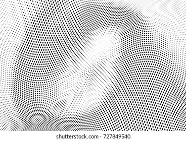 Abstract halftone wave dotted background. Futuristic twisted grunge pattern, dot, circles.  Vector modern optical pop art texture for posters, business cards, cover, labels mock-up, stickers layout