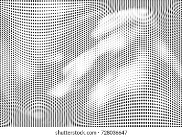 Abstract halftone wave dotted background. Futuristic twisted grunge pattern, dot, circles.  Vector modern optical pop art texture for posters, business cards, cover, labels mock-up, stickers layout