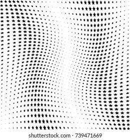 Abstract halftone wave dotted background. Futuristic twisted grunge pattern, stars.  Vector modern optical pop art texture for posters, postcard, grunge cover, labels, vintage sticker mock-up layout