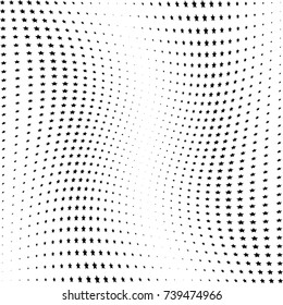 Abstract halftone wave dotted background. Futuristic twisted grunge pattern, stars.  Vector modern optical pop art texture for posters, postcard, grunge cover, labels, vintage sticker mock-up layout