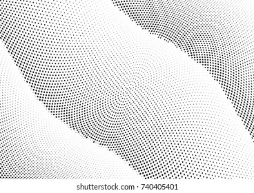 Abstract halftone wave dotted background. Futuristic twisted grunge pattern, dot, circles.  Vector modern optical pop art texture for posters, business cards, cover, labels mock-up, stickers layout