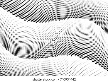 Abstract halftone wave dotted background. Futuristic twisted grunge pattern, dot, circles.  Vector modern optical pop art texture for posters, business cards, cover, labels mock-up, stickers layout