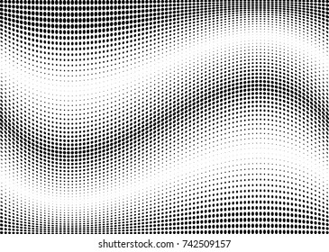 Abstract halftone wave dotted background. Futuristic twisted grunge pattern, dot, circles.  Vector modern optical pop art texture for posters, business cards, cover, labels mock-up, stickers layout