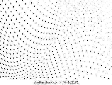 Abstract halftone wave dotted background. Futuristic twisted grunge pattern, dot, circles.  Vector modern optical pop art texture for posters, business cards, cover, labels mock-up, stickers layout