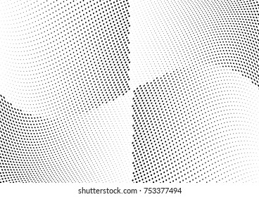 Abstract halftone wave dotted background. Futuristic twisted grunge pattern, dot, circles.  Vector modern optical pop art texture for posters, business cards, cover, labels mock-up, stickers layout