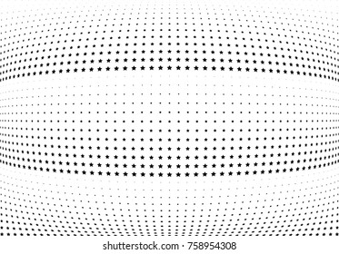 Abstract halftone wave dotted background. Futuristic twisted grunge pattern, stars.  Vector modern optical pop art texture for posters, postcard, grunge cover, labels, vintage sticker mock-up layout