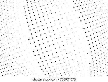 Abstract halftone wave dotted background. Futuristic twisted grunge pattern, stars.  Vector modern optical pop art texture for posters, postcard, grunge cover, labels, vintage sticker mock-up layout