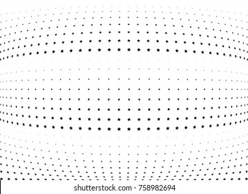 Abstract halftone wave dotted background. Futuristic twisted grunge pattern, stars.  Vector modern optical pop art texture for posters, postcard, grunge cover, labels, vintage sticker mock-up layout