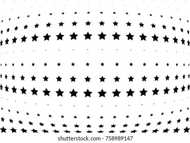 Abstract halftone wave dotted background. Futuristic twisted grunge pattern, stars.  Vector modern optical pop art texture for posters, postcard, grunge cover, labels, vintage sticker mock-up layout