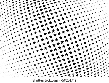 Abstract halftone wave dotted background. Futuristic twisted grunge pattern, stars.  Vector modern optical pop art texture for posters, postcard, grunge cover, labels, vintage sticker mock-up layout