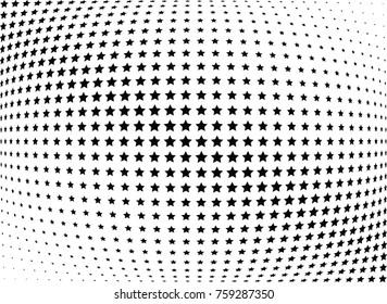 Abstract halftone wave dotted background. Futuristic twisted grunge pattern, stars.  Vector modern optical pop art texture for posters, postcard, grunge cover, labels, vintage sticker mock-up layout