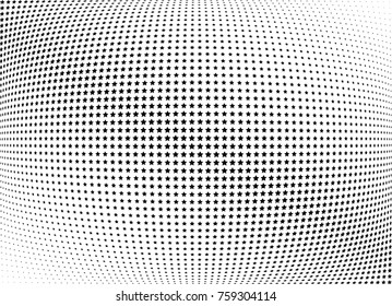 Abstract halftone wave dotted background. Futuristic twisted grunge pattern, stars.  Vector modern optical pop art texture for posters, postcard, grunge cover, labels, vintage sticker mock-up layout