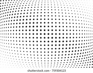 Abstract halftone wave dotted background. Futuristic twisted grunge pattern, stars.  Vector modern optical pop art texture for posters, postcard, grunge cover, labels, vintage sticker mock-up layout