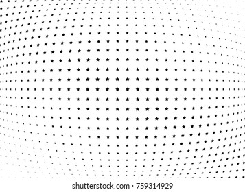 Abstract halftone wave dotted background. Futuristic twisted grunge pattern, stars.  Vector modern optical pop art texture for posters, postcard, grunge cover, labels, vintage sticker mock-up layout