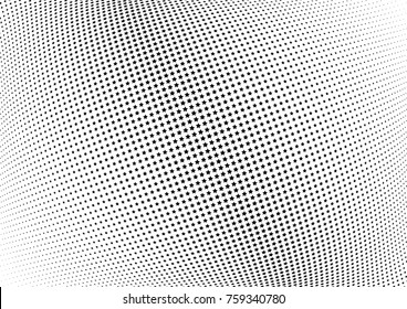 Abstract halftone wave dotted background. Futuristic twisted grunge pattern, stars.  Vector modern optical pop art texture for posters, postcard, grunge cover, labels, vintage sticker mock-up layout