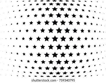 Abstract halftone wave dotted background. Futuristic twisted grunge pattern, stars.  Vector modern optical pop art texture for posters, postcard, grunge cover, labels, vintage sticker mock-up layout